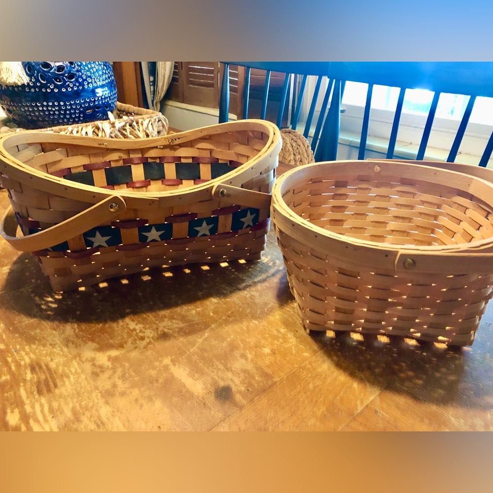 Handwoven Natural Wood Accent Basket with Patriotic Trim 4th July